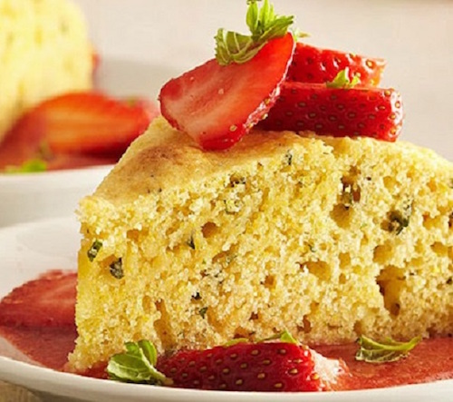 springtime desserts -- cornmeal cake with strawberry sauce